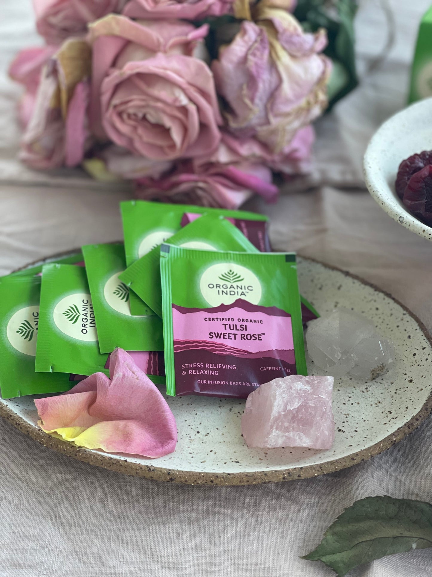 Organic India Tulsi Sweet Rose, Tulsi tea, organic tea, tulsi, herbal tea, herbal infusions, sleep tea, turmeric tea, ashwagandha, holy basil, holy basil tea, green tea, lemon ginger tea, tea for sleep, moringa, ORGANIC INDIA, ORGANIC INDIA Australia, herbal supplements
