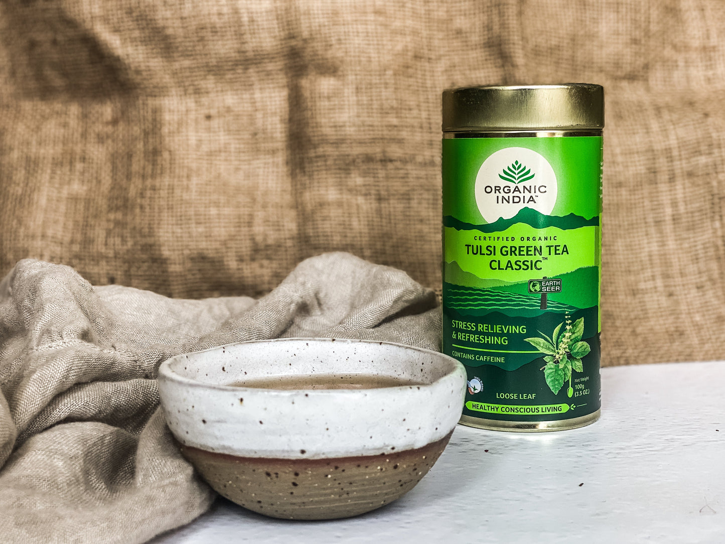 Organic India Tulsi Green Tea Classic Loose Leaf, Tulsi tea, organic tea, tulsi, herbal tea, herbal infusions, sleep tea, turmeric tea, ashwagandha, holy basil, holy basil tea, green tea, lemon ginger tea, tea for sleep, moringa, ORGANIC INDIA, ORGANIC INDIA Australia, herbal supplements