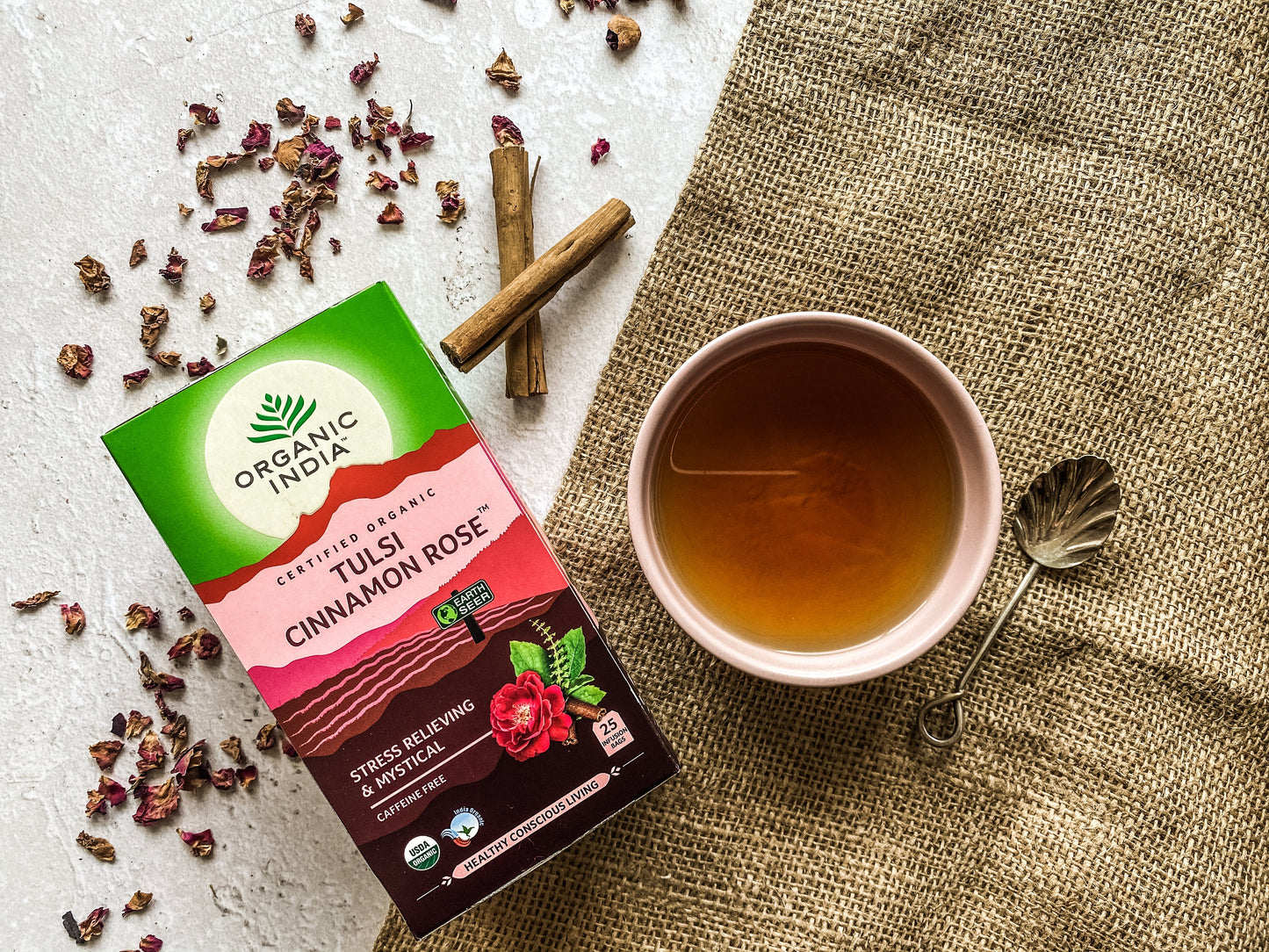 Tulsi Cinnamon Rose, Tulsi tea, organic tea, tulsi, herbal tea, herbal infusions, sleep tea, turmeric tea, ashwagandha, holy basil, holy basil tea, green tea, lemon ginger tea, tea for sleep, moringa, ORGANIC INDIA, ORGANIC INDIA Australia, herbal supplements