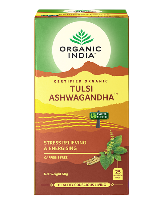 Tulsi Ashwagandha, Tulsi tea, organic tea, tulsi, herbal tea, herbal infusions, sleep tea, turmeric tea, ashwagandha, holy basil, holy basil tea, green tea, lemon ginger tea, tea for sleep, moringa, ORGANIC INDIA, ORGANIC INDIA Australia, herbal supplements