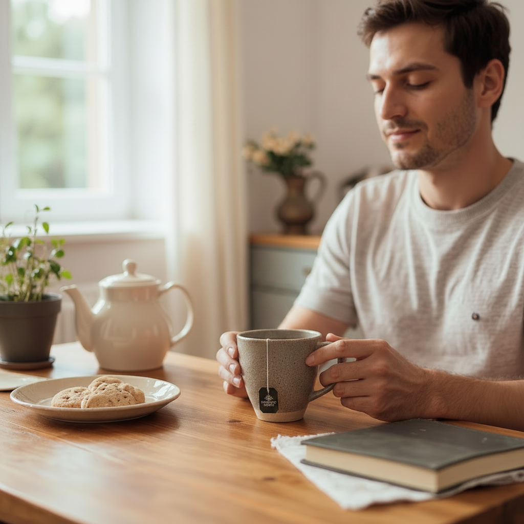 A man in a light gray t-shirt sits at a wooden table holding a speckled gray ceramic mug with a tea bag hanging in it. A white teapot, a plate with cookies, and a book are on the table in a softly lit, warm-toned room.
