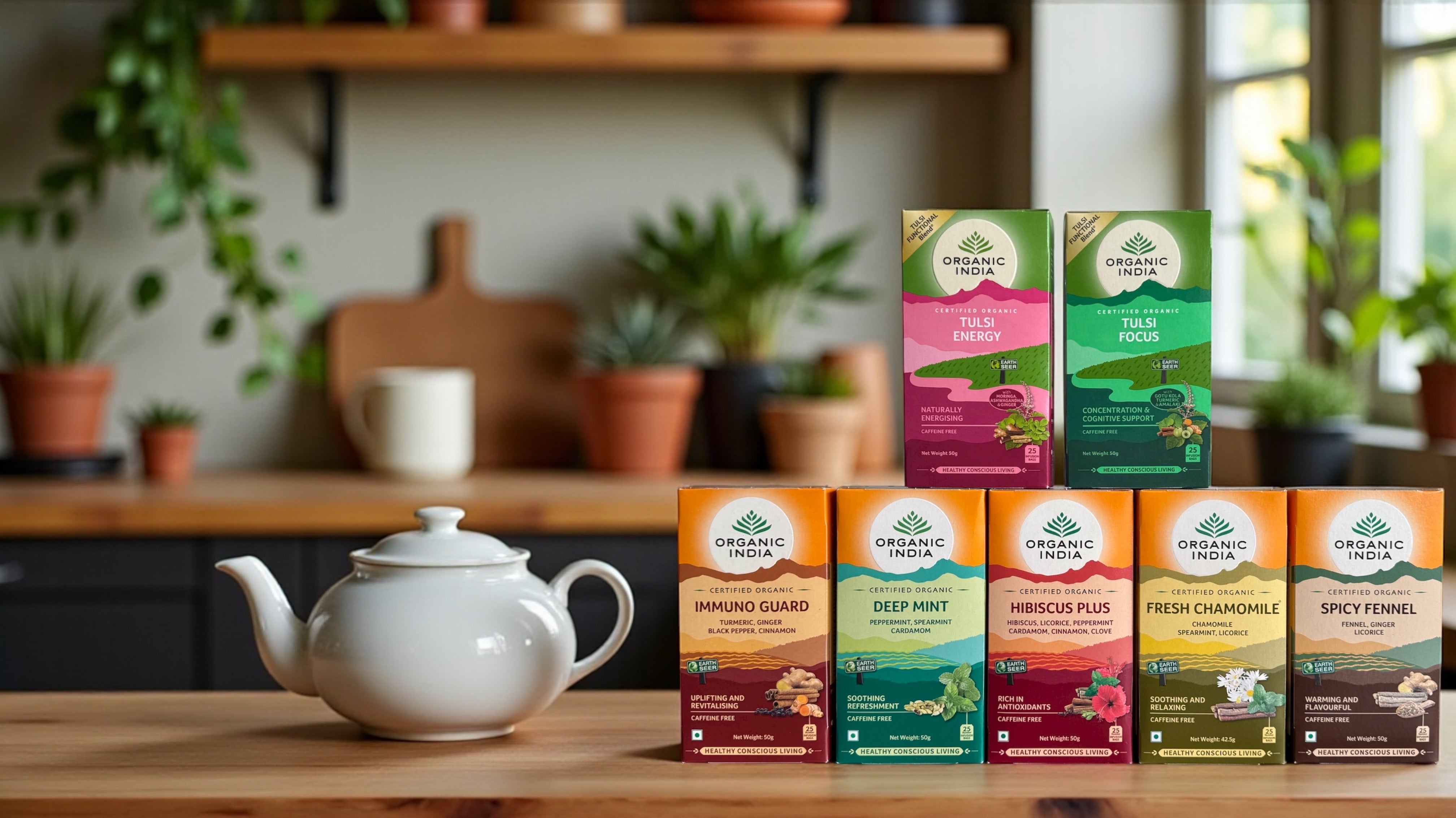 Tea packaging with a teapot on a wooden surface in a kitchen setting