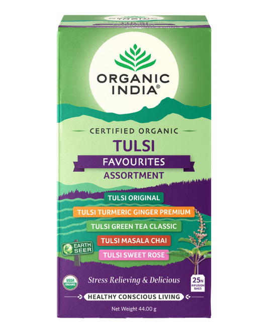 Tulsi Favourites assortment, Tulsi tea, organic tea, tulsi, herbal tea, herbal infusions, sleep tea, turmeric tea, ashwagandha, holy basil, holy basil tea, green tea, lemon ginger tea, tea for sleep, moringa, ORGANIC INDIA, ORGANIC INDIA Australia, herbal supplements