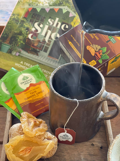 Tulsi Turmeric Ginger, Tulsi tea, organic tea, tulsi, herbal tea, herbal infusions, sleep tea, turmeric tea, ashwagandha, holy basil, holy basil tea, green tea, lemon ginger tea, tea for sleep, moringa, ORGANIC INDIA, ORGANIC INDIA Australia, herbal supplements