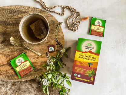 Tulsi Green Tea Ashwagandha, Tulsi tea, organic tea, tulsi, herbal tea, herbal infusions, sleep tea, turmeric tea, ashwagandha, holy basil, holy basil tea, green tea, lemon ginger tea, tea for sleep, moringa, ORGANIC INDIA, ORGANIC INDIA Australia, herbal supplements