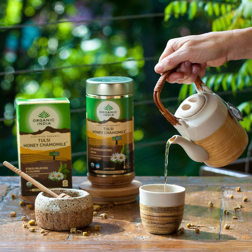 Tulsi Honey Chamomile, Tulsi tea, organic tea, tulsi, herbal tea, herbal infusions, sleep tea, turmeric tea, ashwagandha, holy basil, holy basil tea, green tea, lemon ginger tea, tea for sleep, moringa, ORGANIC INDIA, ORGANIC INDIA Australia, herbal supplements