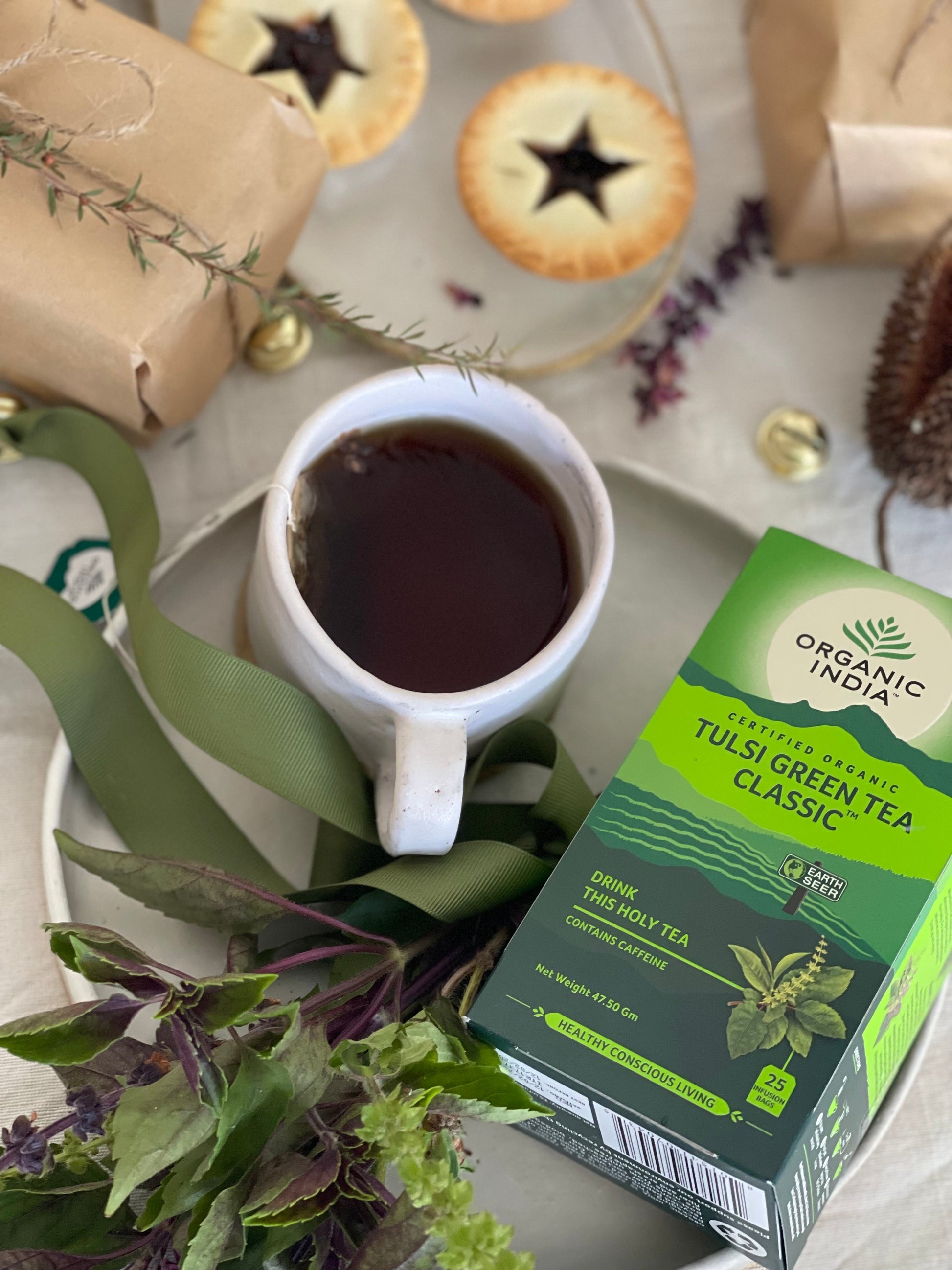Organic India Tulsi Green Tea Classic, Tulsi tea, organic tea, tulsi, herbal tea, herbal infusions, sleep tea, turmeric tea, ashwagandha, holy basil, holy basil tea, green tea, lemon ginger tea, tea for sleep, moringa, ORGANIC INDIA, ORGANIC INDIA Australia, herbal supplements