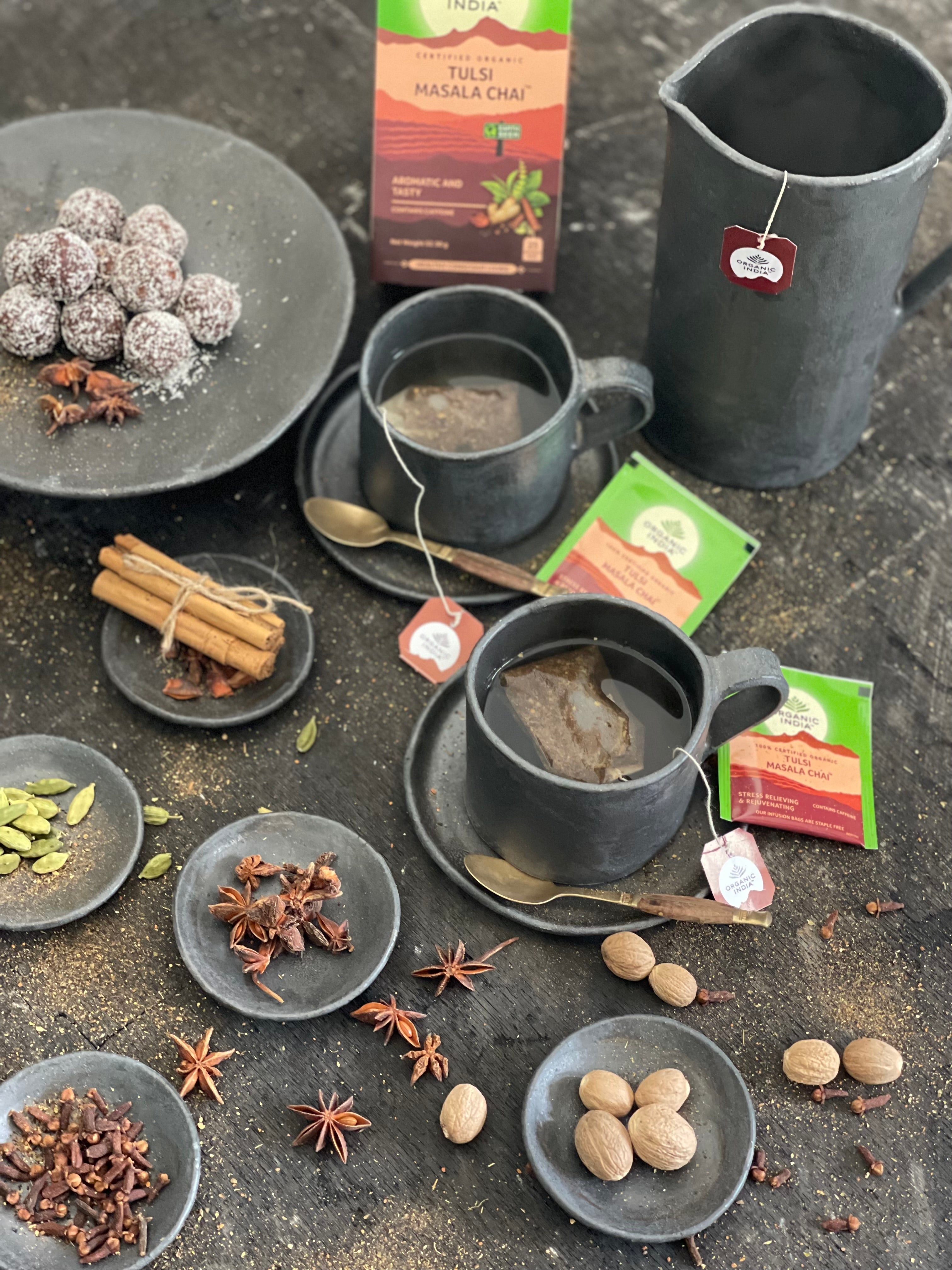 Organic India Tulsi Masala Chai, Tulsi tea, organic tea, tulsi, herbal tea, herbal infusions, sleep tea, turmeric tea, ashwagandha, holy basil, holy basil tea, green tea, lemon ginger tea, tea for sleep, moringa, ORGANIC INDIA, ORGANIC INDIA Australia, herbal supplements