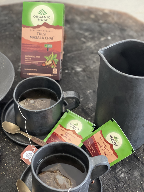 Organic India Tulsi Masala Chai, Tulsi tea, organic tea, tulsi, herbal tea, herbal infusions, sleep tea, turmeric tea, ashwagandha, holy basil, holy basil tea, green tea, lemon ginger tea, tea for sleep, moringa, ORGANIC INDIA, ORGANIC INDIA Australia, herbal supplements