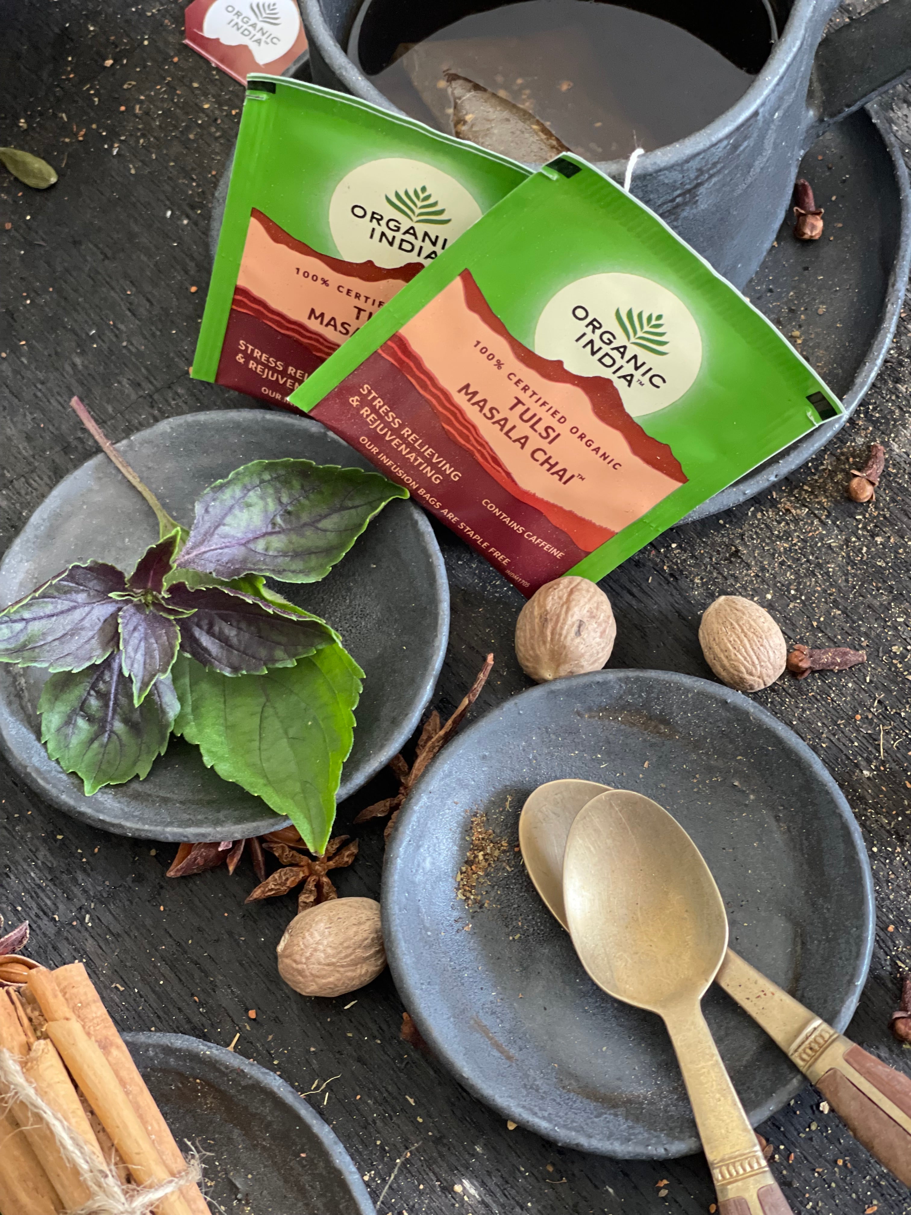 Organic India Tulsi Masala Chai, Tulsi tea, organic tea, tulsi, herbal tea, herbal infusions, sleep tea, turmeric tea, ashwagandha, holy basil, holy basil tea, green tea, lemon ginger tea, tea for sleep, moringa, ORGANIC INDIA, ORGANIC INDIA Australia, herbal supplements