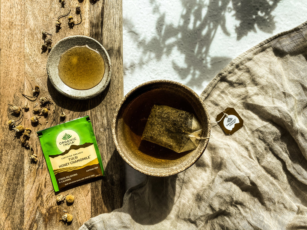 Tulsi Honey Chamomile, Tulsi tea, organic tea, tulsi, herbal tea, herbal infusions, sleep tea, turmeric tea, ashwagandha, holy basil, holy basil tea, green tea, lemon ginger tea, tea for sleep, moringa, ORGANIC INDIA, ORGANIC INDIA Australia, herbal supplements