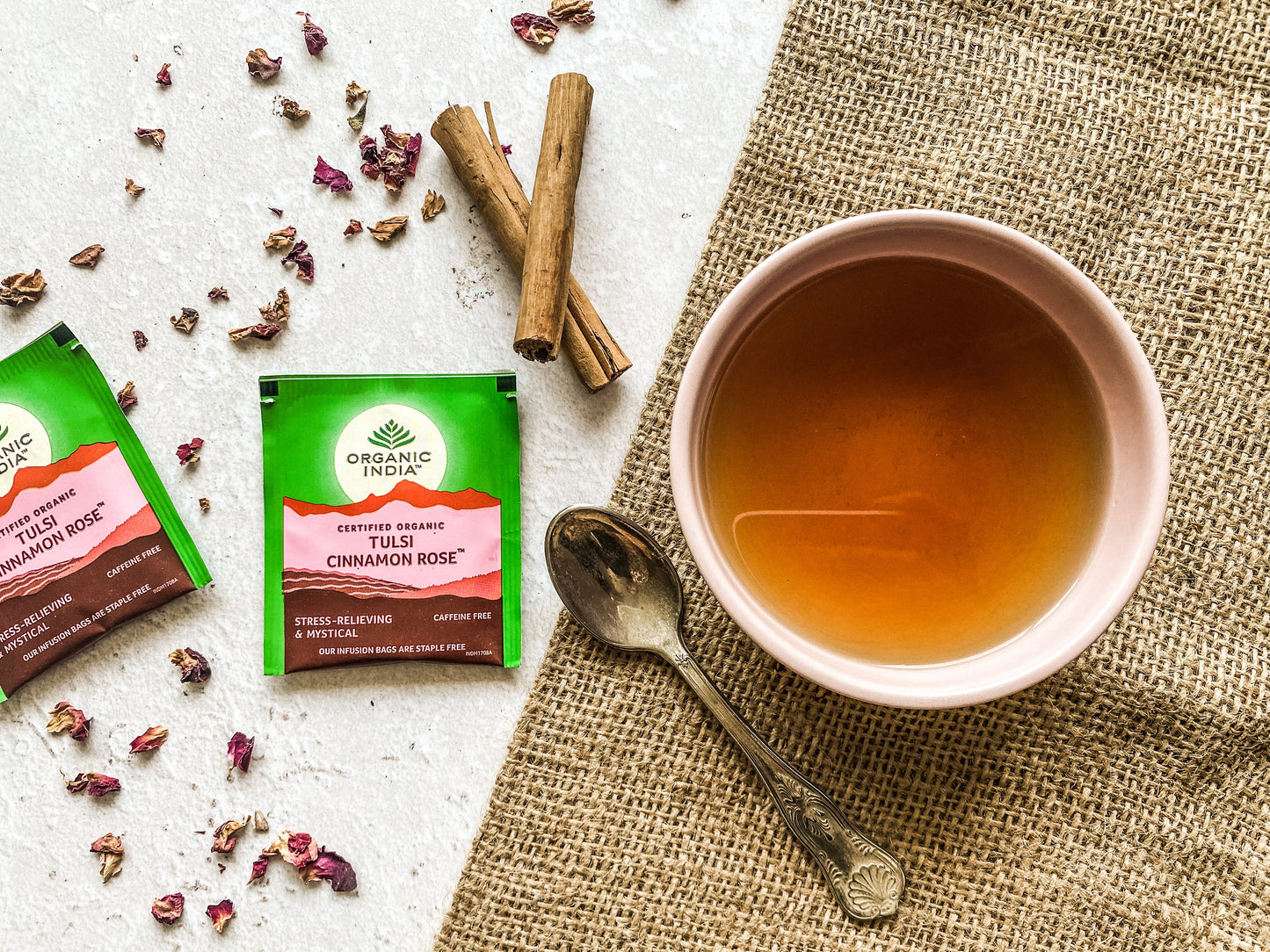 Tulsi Cinnamon Rose, Tulsi tea, organic tea, tulsi, herbal tea, herbal infusions, sleep tea, turmeric tea, ashwagandha, holy basil, holy basil tea, green tea, lemon ginger tea, tea for sleep, moringa, ORGANIC INDIA, ORGANIC INDIA Australia, herbal supplements