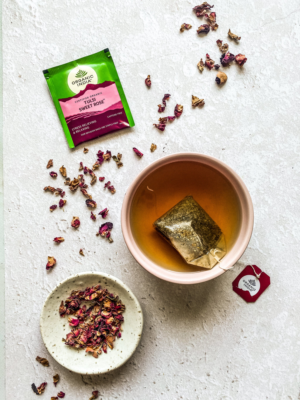 Organic India Tulsi Sweet Rose, Tulsi tea, organic tea, tulsi, herbal tea, herbal infusions, sleep tea, turmeric tea, ashwagandha, holy basil, holy basil tea, green tea, lemon ginger tea, tea for sleep, moringa, ORGANIC INDIA, ORGANIC INDIA Australia, herbal supplements