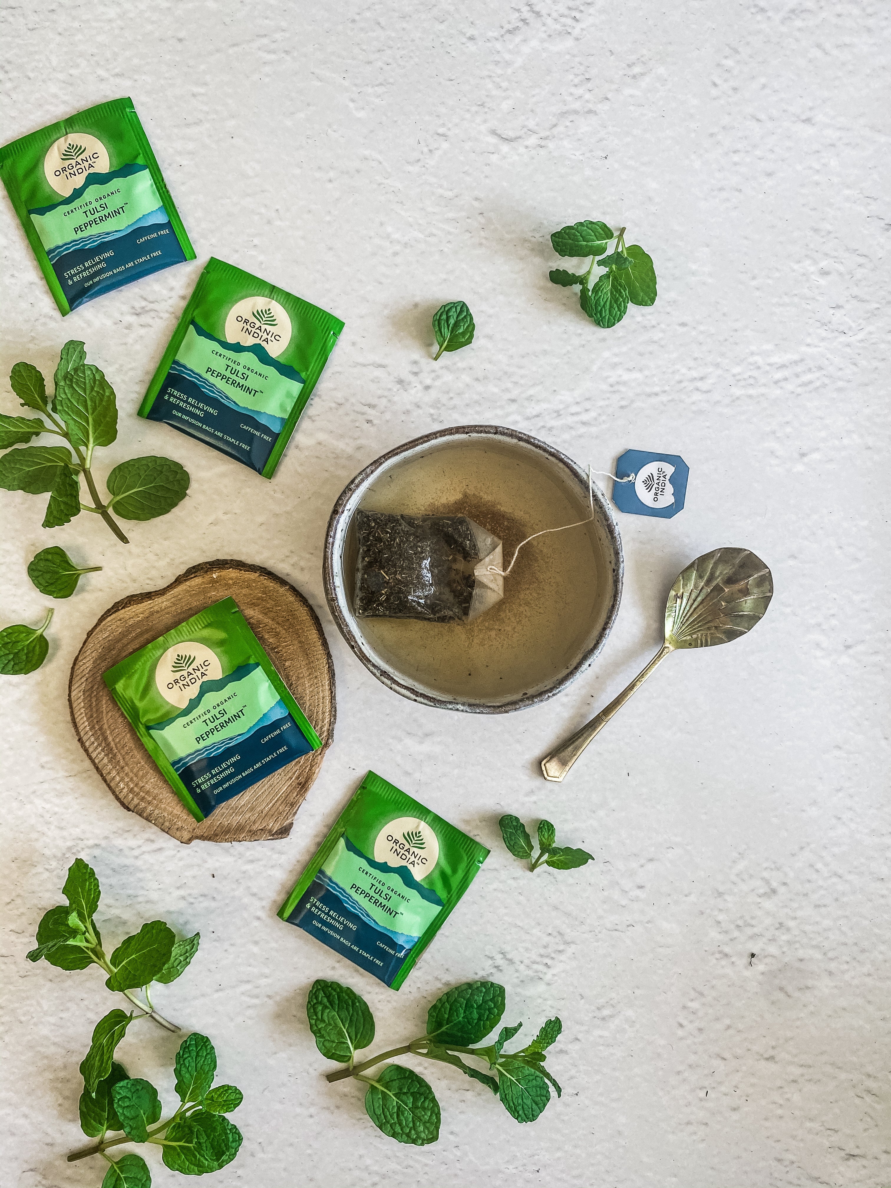 Organic India Tulsi Peppermint, Tulsi tea, organic tea, tulsi, herbal tea, herbal infusions, sleep tea, turmeric tea, ashwagandha, holy basil, holy basil tea, green tea, lemon ginger tea, tea for sleep, moringa, ORGANIC INDIA, ORGANIC INDIA Australia, herbal supplements