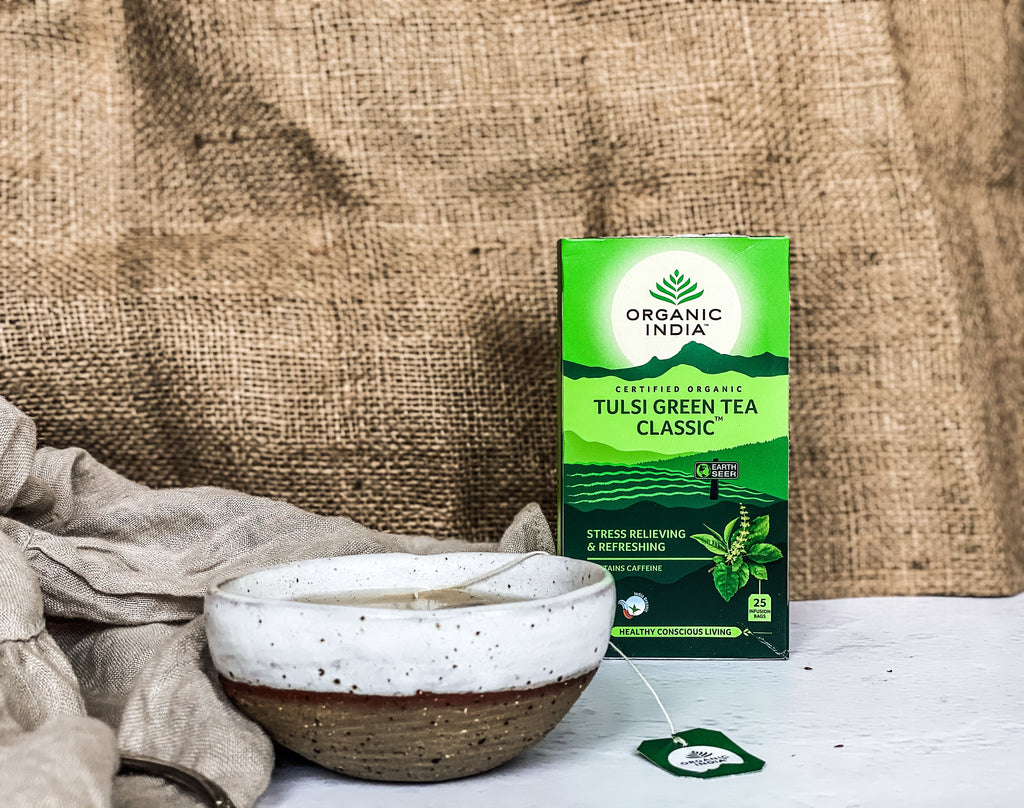 Organic India Tulsi Green Tea Classic, Tulsi tea, organic tea, tulsi, herbal tea, herbal infusions, sleep tea, turmeric tea, ashwagandha, holy basil, holy basil tea, green tea, lemon ginger tea, tea for sleep, moringa, ORGANIC INDIA, ORGANIC INDIA Australia, herbal supplements