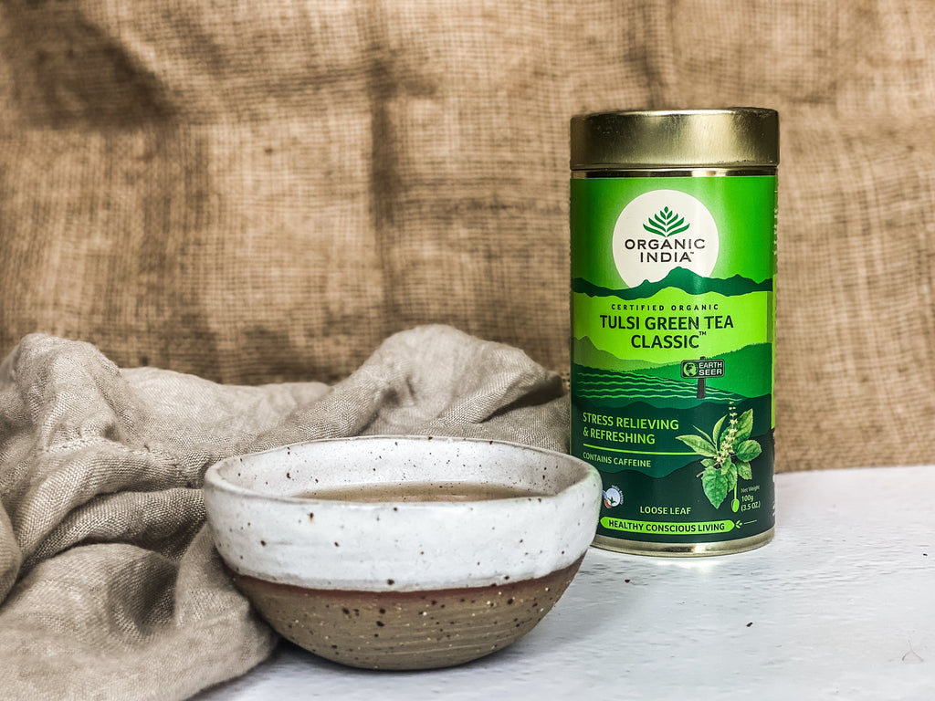 Organic India Tulsi Green Tea Classic Loose Leaf, Tulsi tea, organic tea, tulsi, herbal tea, herbal infusions, sleep tea, turmeric tea, ashwagandha, holy basil, holy basil tea, green tea, lemon ginger tea, tea for sleep, moringa, ORGANIC INDIA, ORGANIC INDIA Australia, herbal supplements