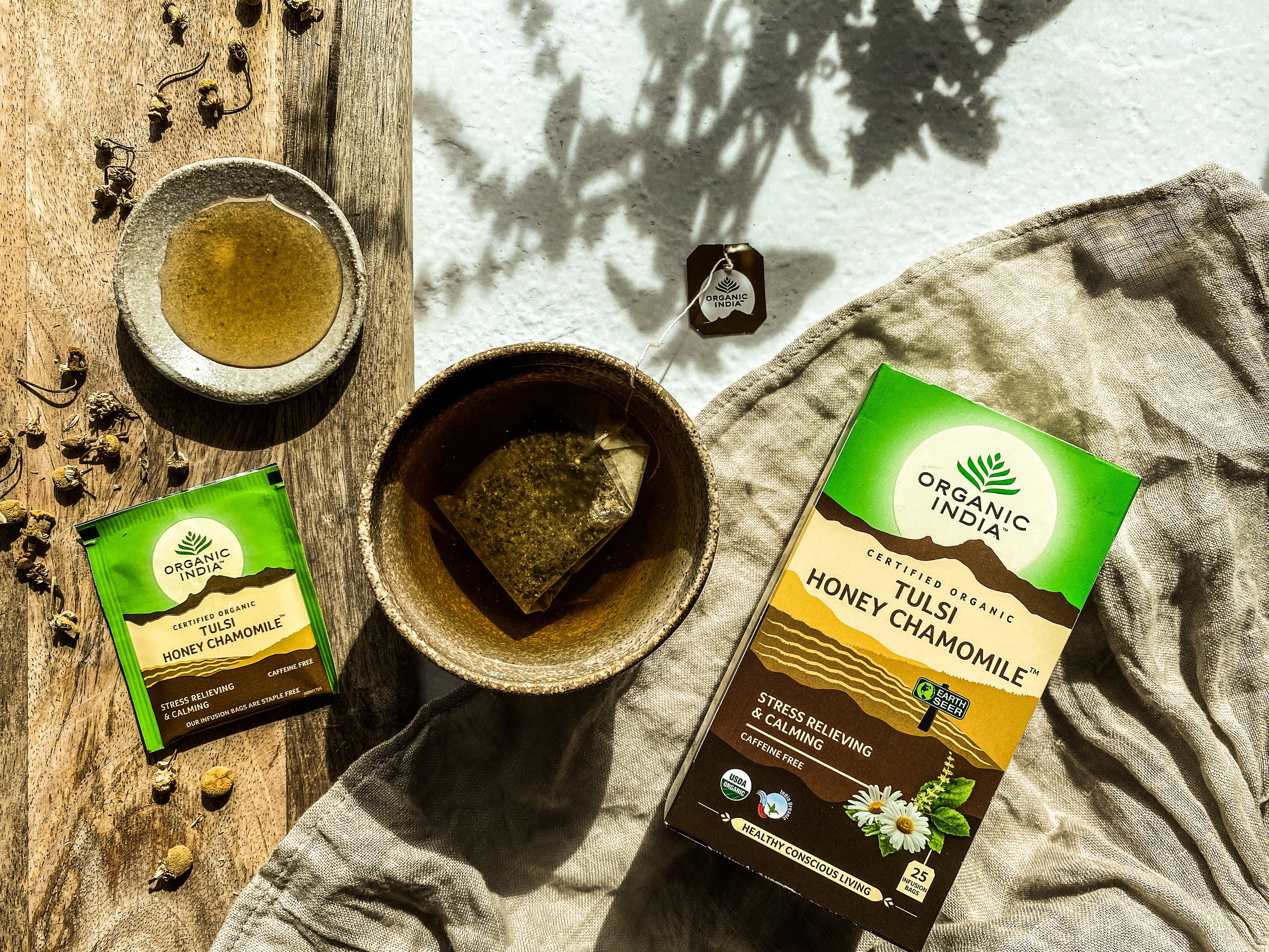 Tulsi Honey Chamomile, Tulsi tea, organic tea, tulsi, herbal tea, herbal infusions, sleep tea, turmeric tea, ashwagandha, holy basil, holy basil tea, green tea, lemon ginger tea, tea for sleep, moringa, ORGANIC INDIA, ORGANIC INDIA Australia, herbal supplements