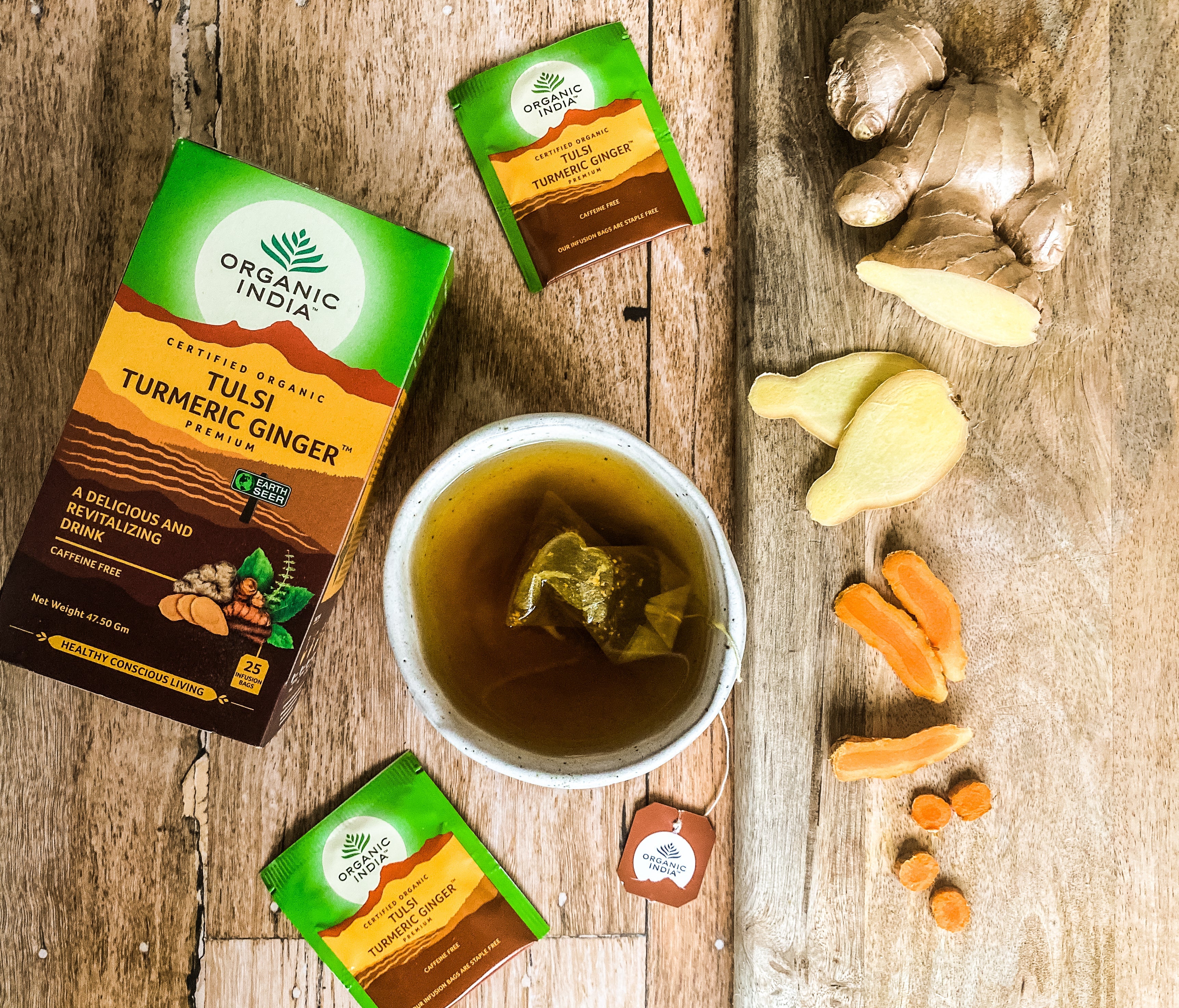 Tulsi Turmeric Ginger, Tulsi tea, organic tea, tulsi, herbal tea, herbal infusions, sleep tea, turmeric tea, ashwagandha, holy basil, holy basil tea, green tea, lemon ginger tea, tea for sleep, moringa, ORGANIC INDIA, ORGANIC INDIA Australia, herbal supplements