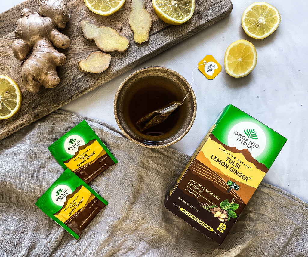 Organic India Tulsi Lemon Ginger, Tulsi tea, organic tea, tulsi, herbal tea, herbal infusions, sleep tea, turmeric tea, ashwagandha, holy basil, holy basil tea, green tea, lemon ginger tea, tea for sleep, moringa, ORGANIC INDIA, ORGANIC INDIA Australia, herbal supplements