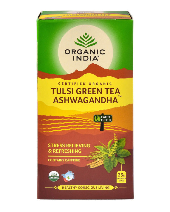 Tulsi Green Tea Ashwagandha, Tulsi tea, organic tea, tulsi, herbal tea, herbal infusions, sleep tea, turmeric tea, ashwagandha, holy basil, holy basil tea, green tea, lemon ginger tea, tea for sleep, moringa, ORGANIC INDIA, ORGANIC INDIA Australia, herbal supplements