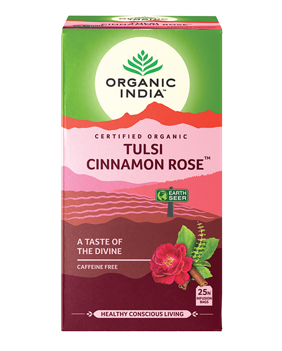 Tulsi Cinnamon Rose, Tulsi tea, organic tea, tulsi, herbal tea, herbal infusions, sleep tea, turmeric tea, ashwagandha, holy basil, holy basil tea, green tea, lemon ginger tea, tea for sleep, moringa, ORGANIC INDIA, ORGANIC INDIA Australia, herbal supplements