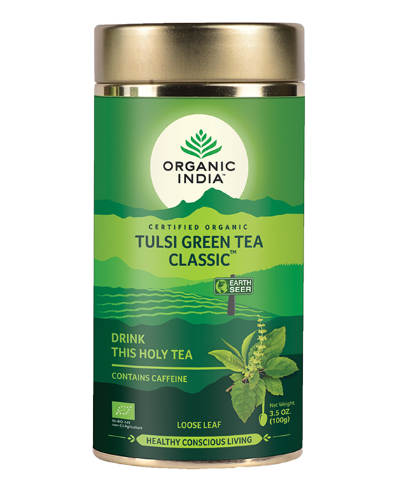 Organic India Tulsi Green Tea Classic Loose Leaf, Tulsi tea, organic tea, tulsi, herbal tea, herbal infusions, sleep tea, turmeric tea, ashwagandha, holy basil, holy basil tea, green tea, lemon ginger tea, tea for sleep, moringa, ORGANIC INDIA, ORGANIC INDIA Australia, herbal supplements