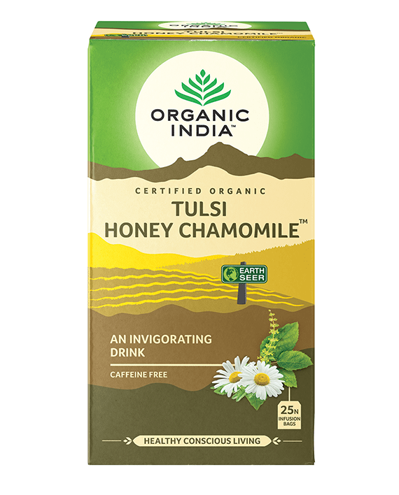 Tulsi Honey Chamomile, Tulsi tea, organic tea, tulsi, herbal tea, herbal infusions, sleep tea, turmeric tea, ashwagandha, holy basil, holy basil tea, green tea, lemon ginger tea, tea for sleep, moringa, ORGANIC INDIA, ORGANIC INDIA Australia, herbal supplements