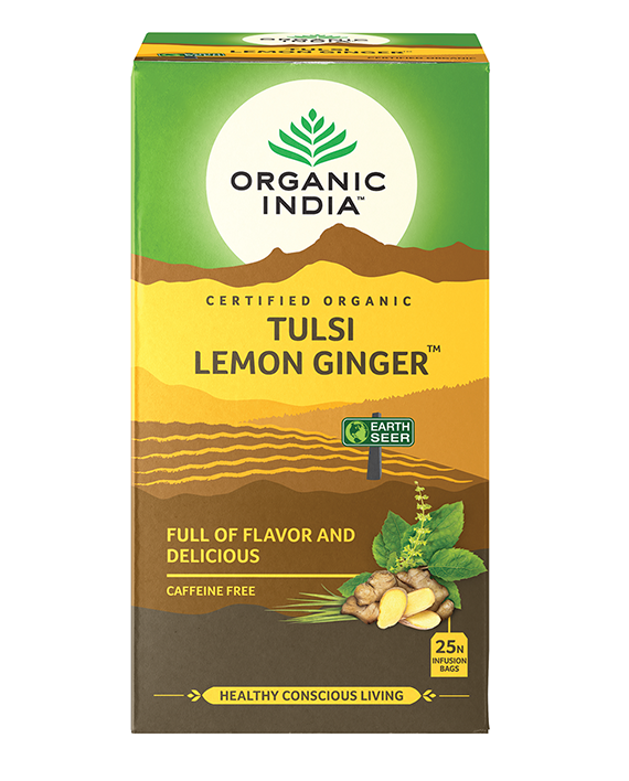 Organic India Tulsi Lemon Ginger, Tulsi tea, organic tea, tulsi, herbal tea, herbal infusions, sleep tea, turmeric tea, ashwagandha, holy basil, holy basil tea, green tea, lemon ginger tea, tea for sleep, moringa, ORGANIC INDIA, ORGANIC INDIA Australia, herbal supplements